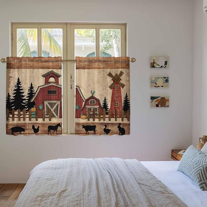 Brown Farmhouse Kitchen Curtains, Vintage Country Animals Wooden Grain Light Filtering Window Curtain Panels, 2Pcs Rod Pocket Window Treatments Set for RV Dining Room Study Room 42x45 Inches