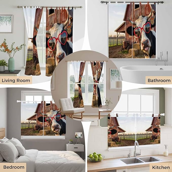 Farm Cows Bedroom Curtains 72 Inch Length, Window Curtains Tab Top, Farmhouse Barn Funny Animals Butterfly Light Filtering Window Treatments Drapes 52"x72" 2 Panel