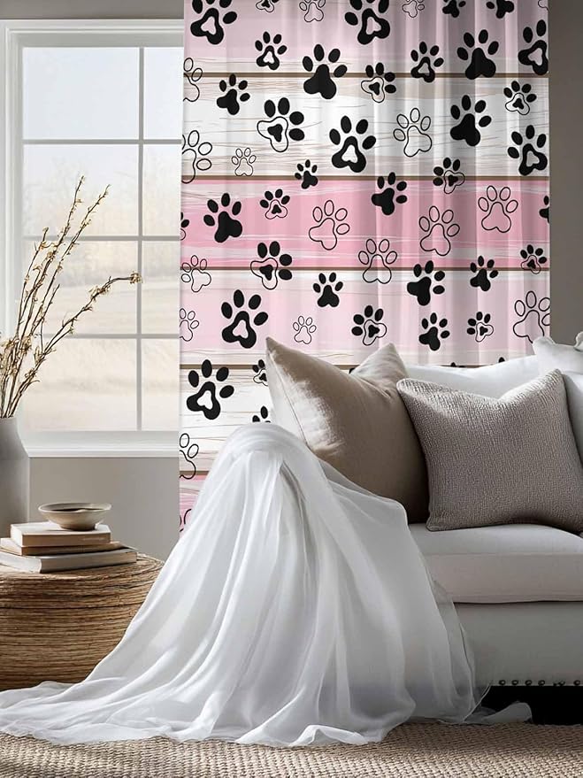 Sheer Curtains 72 Inches Long, Pink Beige Paw Print Semi Sheer Curtains Light Filtering Window Treatment, Vintage Farmhouse Country Wooden Grain Privacy Voile Drapes for Living Room Bedroom 52x72 Inch