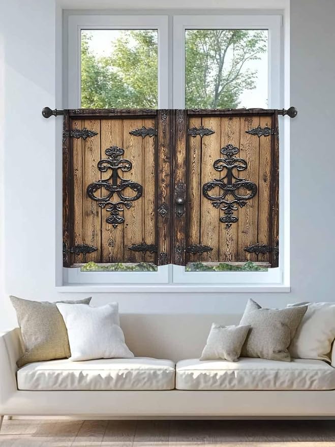 Sheer Curtains 45 Inch Length, Barn Door Semi Sheer Curtains Light Filtering Window Treatment, Farmhouse Wooden Grain Rustic Tribal Pattern Privacy Voile Drapes for Living Room Bedroom 52x45 Inch
