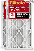Filtrete 12x36x1 AC Furnace Air Filter, MERV 11, MPR 1000, Micro Allergen Defense, 3-Month Pleated 1-Inch Electrostatic Air Cleaning Filter, 2 Pack (Actual Size 11.69 x 35.69 x 0.81 in)