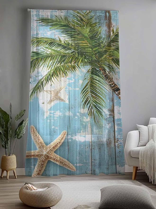 Sheer Curtains 84 Inches Long, Coastal Beach Blue Semi Sheer Curtains Light Filtering Window Treatment, Tropical Coconut Tree Vintage Wood Grain Privacy Voile Drapes for Living Room Bedroom 52x84 Inch
