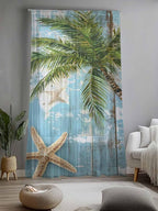 Sheer Curtains 108 Inches Long, Coastal Beach Blue Semi Sheer Curtains Light Filtering Window Treatment, Tropical Coconut Tree Vintage Wood Grain Privacy Voile Drapes for Living Room 52x108 Inch