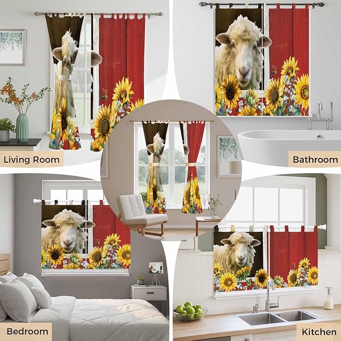 Sheep Flowers Kitchen Curtains 24 Inch Length, Small Window Curtains Tab Top, Country Red Barn Botanical Sunflowers Light Filtering Short Window Treatments Tier Drapes 27.5"x24" 2 Panel