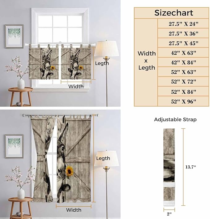 Funny Farm Animals Living Room Curtains 96 Inch Length, Window Curtains Tab Top, Vintage Barn Brown Sunflowers Light Filtering Window Treatments Drapes 52"x96" 2 Panel