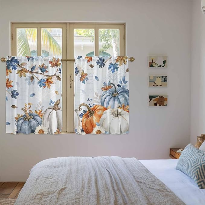 Fall Blue Maple Kitchen Curtains 45 Inch Long 2 Panel Set,Rod Pocket Window Treatment,Thanksgiving Pumpkins Daisy Country Leaves Short Curtains & Drapes for Bathroom Laundry 52"W x 45"L