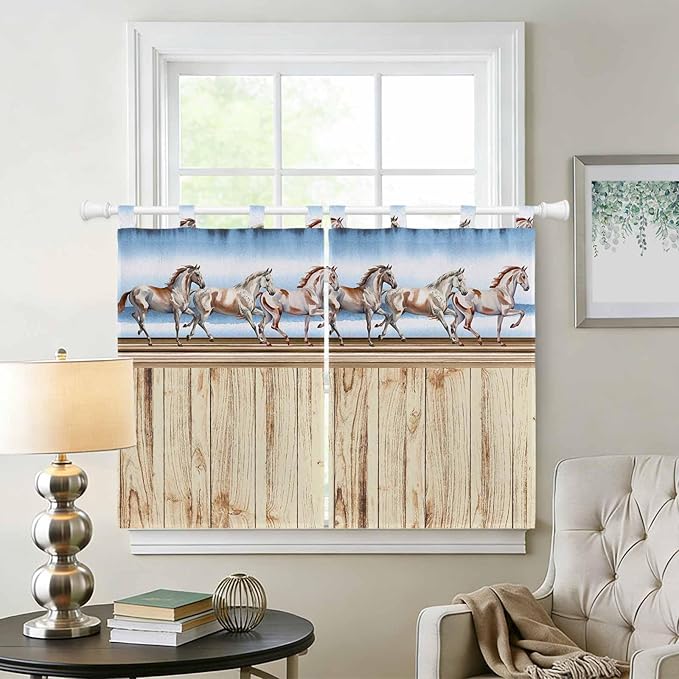 Western Horse Bedroom Curtains 63 Inch Length, Window Curtains Tab Top, Farmhouse Wooden Grain Vintage Cowboy Barn Door Light Filtering Window Treatments Drapes 42"x63" 2 Panel