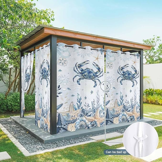 Oceans Outdoor Curtains for Patio Crabs Marine Life Shell Starfish Blue Waterproof Outside Curtains with Grommet Top Weatherproof Curtain for Cabana Pergola Gazebo, 2 Pack, 54" W x 84" L