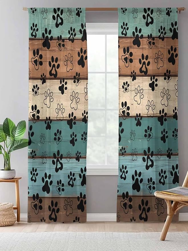 Sheer Curtains 108 Inches Long, Green Brown Paw Print Semi Sheer Curtains Light Filtering Window Treatment, Vintage Farmhouse Country Wooden Grain Privacy Voile Drapes for Living Room 52x108 Inch