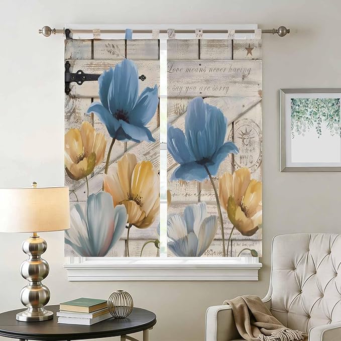 Blue Yellow Tulips Bathroom Curtains 63 Inch Length, Window Curtains Tab Top, Retro Farmhouse Flower Barn Doors Wooden Light Filtering Window Treatments Drapes 52"x63" 2 Panel