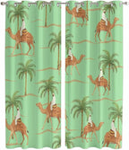 2 Panel Kitchen Cafe Curtains, Desert Camels Sunlight Filtering Nature Air Through, Home Decor Window Covering Tier Curtains for Living Room 104W x 90L inch Tropical Date Palm Trees Animal Green
