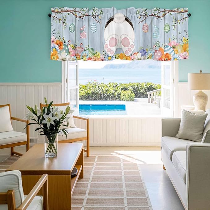 Easter Curtain Valances for Windows, Kitchen Valance Window Treatment, Spring Watercolor Bunny Eggs Flower Wood Grain Blue Light Filtering Block Curtains for Bathroom/Bedroom/Living Room 42'' x 12''
