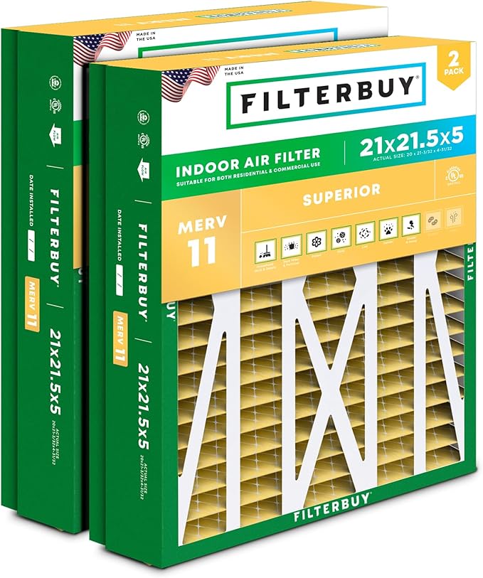Filterbuy 21x21.5x5 Air Filter MERV 11 Superior Pet & Allergy Defense (2-Pack), Pleated HVAC AC Furnace Filters for Trane Perfect Fit & American Standard (Actual Size: 20.00 x 21.09 x 4.97)