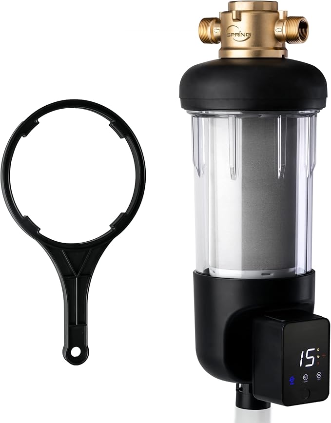 iSpring WSP200ARJ Spin-Down Sediment Water Filter, Upgraded Jumbo Size, Large Capacity, Reusable with Touch-Screen Auto Flushing Module, Brass Top Clear Housing, 200 Microns