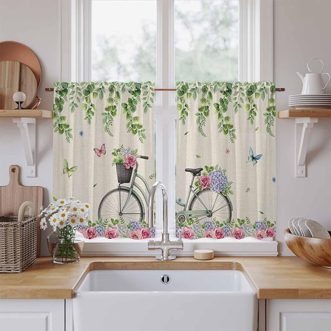 Farmhouse Spring Tier Curtains, Retro Bicycles Flowers Vines Butterfly Light Filtering Kitchen Curtains, 2Pcs Rod Pocket Half Window Treatments Panels for Sink Cafe Cabinet Basement 27.5x45 Inches