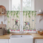Farmhouse Spring Kitchen Curtains, Retro Bicycles Flowers Vines Butterfly Light Filtering Window Curtain Panels, 2Pcs Rod Pocket Window Treatments Set for RV Dining Room Study Room 42x54 Inches