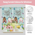 Swag Curtain Valances for Kitchen Windows,Happy Easter Bunny Butt Egg Floral Short Rod Pocket Window Valance,Spring Plant on Aqua Wood Swag Topper for Bedroom Living Room,2 Panels 28x36in