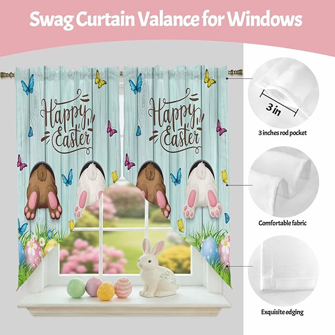 Swag Curtain Valances for Kitchen Windows,Happy Easter Bunny Butt Egg Floral Short Rod Pocket Window Valance,Spring Plant on Aqua Wood Swag Topper for Bedroom Living Room,2 Panels 28x36in
