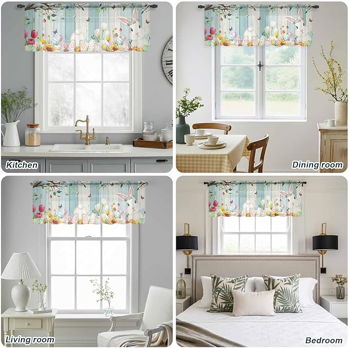 Easter Sheer Valances for Windows 42"x18", Light Filtering Kitchen Curtains Valance, Spring Watercolor Bunny Eggs Tulip Wooden Grain Rod Pocket Chiffon Curtains for Living Room Bedroom Cafe