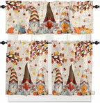 Fall Gnomes Kitchen Curtain Set, Thanksgiving Maple Leaf Rustic Pumpkin Window Valance and Tiers 24" Length, Light Filtering Short Curtains Valance for Cafe Bathroom Bedroom 54"x18"