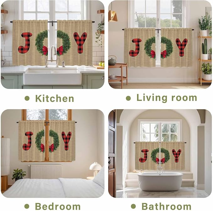 Red Green Christmas Kitchen Curtains 54 Inch Long 2 Panel Set, Rod Pocket Window Curtains Panels, Xmas Botanical Winter Farmhouse Light Filtering Drapery Draperies for Bathroom Bedroom 52"W x 54"L
