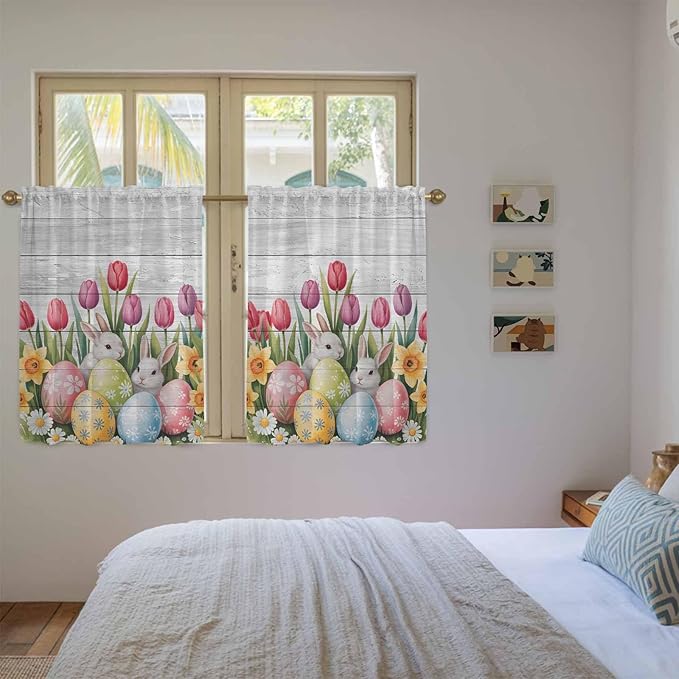 Easter Kitchen Curtains 45 Inch Long 2 Panel Set, Rod Pocket Window Treatment, Retro Spring Bunny Eggs Tulip Farm Wooden Grain Light Filtering Short Curtains & Drapes for Bathroom Laundry 52"W x 45"L