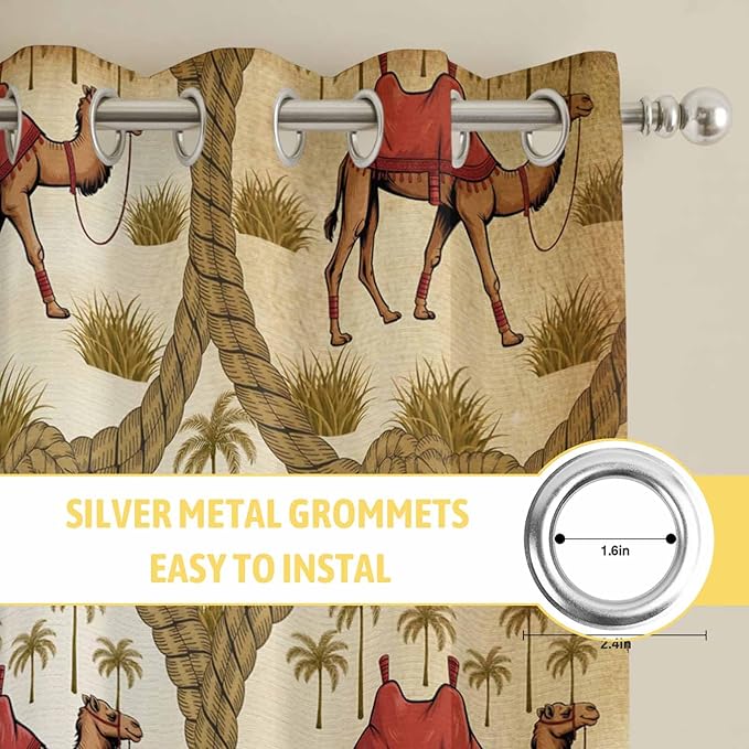 2 Panel Kitchen Cafe Curtains, Brown Desert Camels Sunlight Filtering Nature Air Through, Home Decor Window Covering Tier Curtains for Bedroom Living Room Tropical Date Coconut Trees Cords Leaves