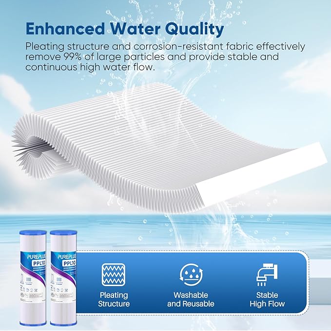 PUREPLUS 5 Micron 10"x2.5" Whole House Pleated Sediment Filter for Well Water, Replacement Cartridge for Universal 10 inch RO System, W50PE, WFPFC3002, SPC-25-1050, FM-50-975, 801-50, WB-50W, 6Pack