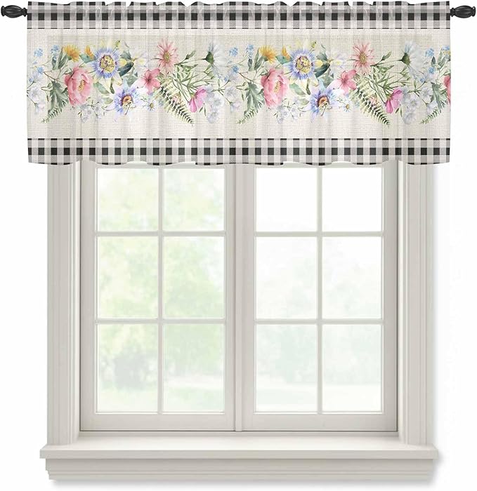 Blue Pink Floral Sheer Valance Curtains, Spring Summer Botanical Linen Black Plaid Light Filtering Kitchen Valances Rod Pocket Voile Curtain Window Treatment for Bedroom/Living Room/Basement 42Wx12L