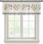 Blue Pink Floral Sheer Valance Curtains, Spring Summer Botanical Linen Black Plaid Light Filtering Kitchen Valances Rod Pocket Voile Curtain Window Treatment for Bedroom/Living Room/Basement 42Wx18L