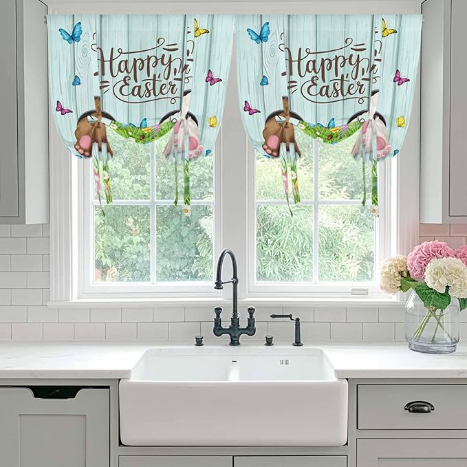 Tie Up Curtains,Happy Easter Bunny Butt Egg Floral Adjustable Rod Pocket Window Shade Curtain Drape Spring Plant on Aqua Wood Tie-Up Valance for Kitchen Bedroom Living Room Windows,42"x45"