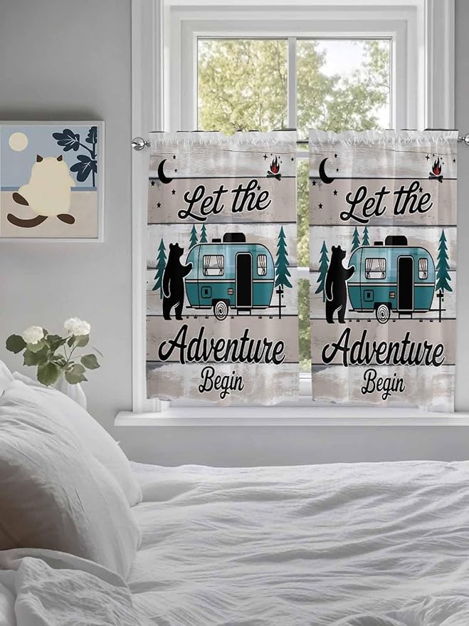 Farmhouse Bear Camper Van Tree Window Valance Curtains, Vintage Wood Grain Light Filtering Kitchen Valance with 3-inch Rod Pocket for Living Room Bathroom Bedroom,2 Panel,27.5x45In