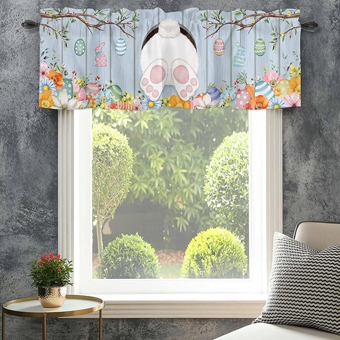 Easter Curtain Valances for Windows, Kitchen Valance Window Treatment, Spring Watercolor Bunny Eggs Flower Wood Grain Blue Light Filtering Block Curtains for Bathroom/Bedroom/Living Room 42'' x 18''