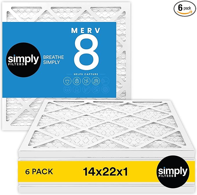 Simply 14x22x1 Air Filter, Merv 8, 6 Pack, For Home AC Furnace & HVAC (Actual Size: 13.94"x21.94"x0.75") DUST, Pet, & Allergy Control