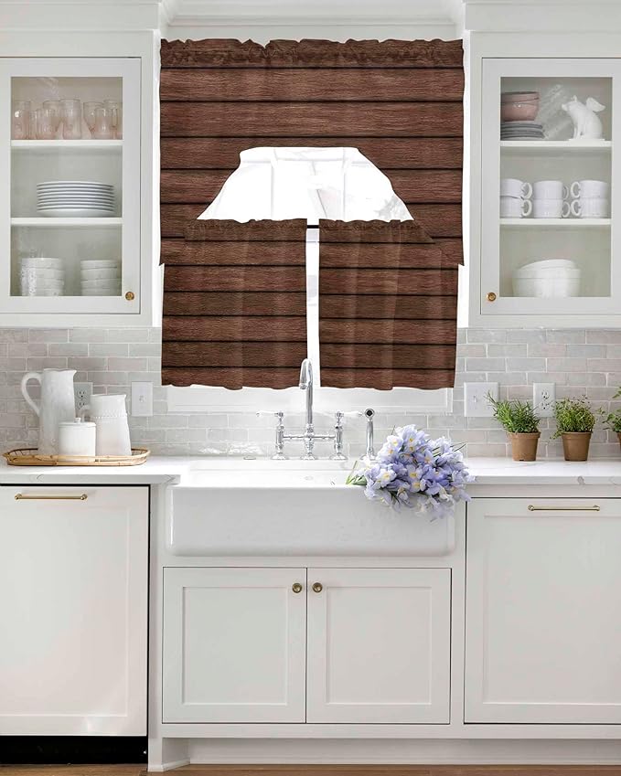 Brown Wooden Board Swag Kitchen Curtains Valance and Tier Set, Vintage Wood Grain Farmhouse Barn Themes Light-Filtering Swag Valance 24 Inch Length, Rod Pocket Short Curtain for Bedroom Cafe