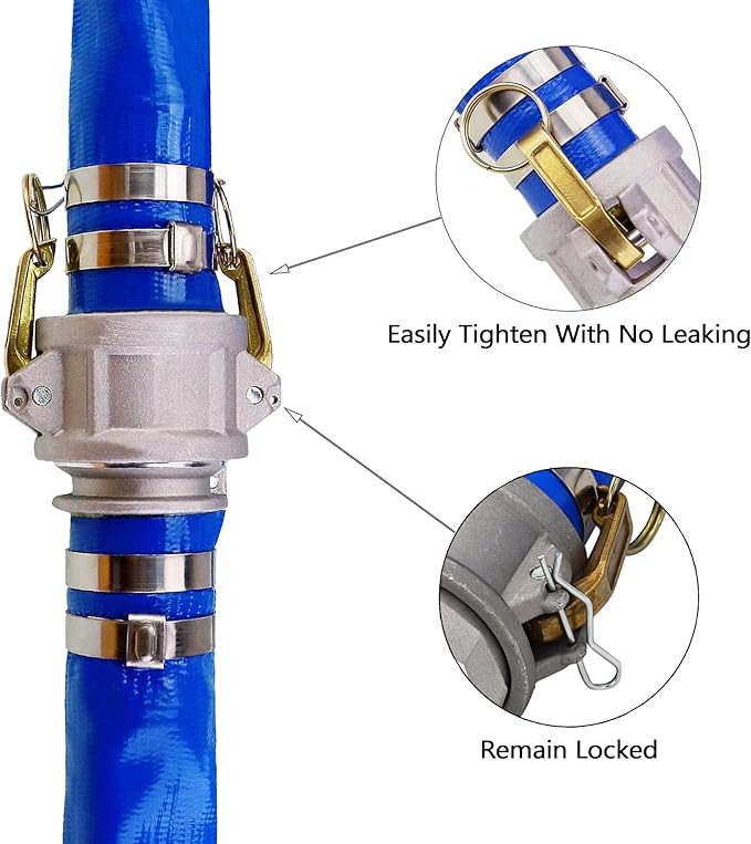 DAVCO 2" ID × 100 ft Pool Backwash Hose, Heavy Duty Reinforced Blue PVC Lay Flat Water Discharge Pump Hoses For Swimming Drain Pools and Clean Filters, with Aluminum Camlock C and E Fittings