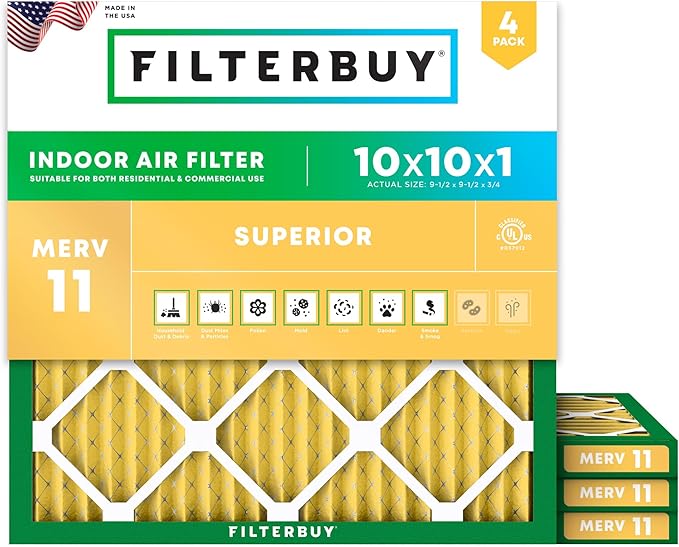 Filterbuy 10x10x1 Air Filter MERV 11 Superior Pet & Allergy Defense (4-Pack), Electrostatic Pleated HVAC AC Furnace Filters Replacement, Made in USA (Actual Size: 9.50 x 9.50 x 0.75)