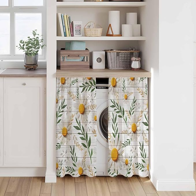 Spring Daisy Kitchen Curtains, Farmhouse Country Flower Leaf Plant Wood Grain Light Filtering Window Curtain Panels, 2Pcs Rod Pocket Window Treatments Set for Cabin Bathroom Bedroom 52x45 Inches
