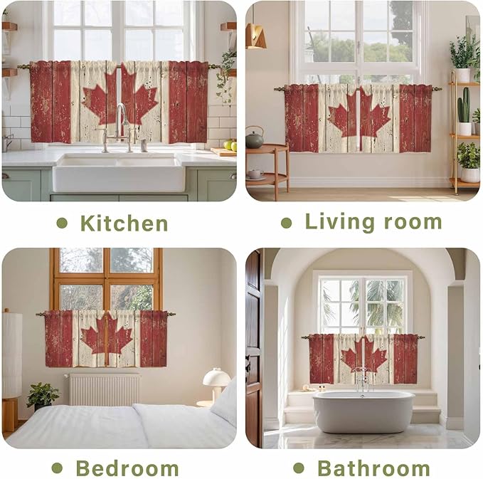 Canada Tier Curtains, Red Maple Leaf Flag Vintage Farmhouse Wooden Grain Light Filtering Kitchen Curtains, 2Pcs Rod Pocket Half Window Treatments Panels for Sink Cafe Cabinet Camper 27.5x36 Inches