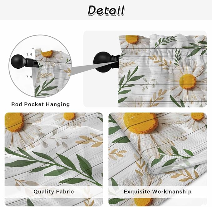 Spring Daisy Kitchen Curtains, Farmhouse Country Flower Leaf Plant Wood Grain Light Filtering Window Curtain Panels, 2Pcs Rod Pocket Window Treatments Set for RV Dining Room Study Room 42x45 Inches