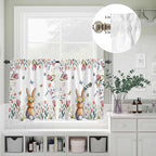 Kitchen Curtains Tiers and Valance Set of 3, Easter Light Filtering Window Curtain Set, Spring Flowers Wreath Rabbit Budding Florals Rod Pocket Curtain Drapes for Cafe, Living Room, 24 Inches Tiers