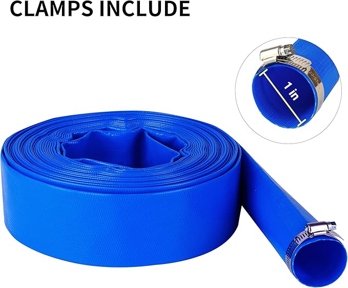 1" x 50 FT Pool Backwash Hose, Blue Heavy Duty Reinforced PVC Lay Flat Water Discharge Hose for Swimming Pool Filter Pump,with 2 Clamp