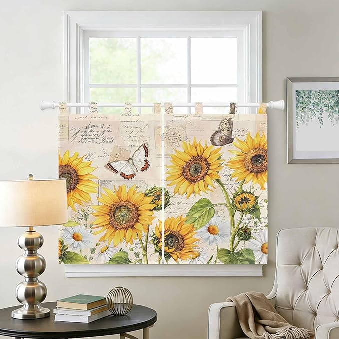 Yellow Sunflowers Bedroom Curtains 63 Inch Length, Window Curtains Tab Top, Country Farm Butterfly Flower Light Beige Light Filtering Window Treatments Drapes 42"x63" 2 Panel