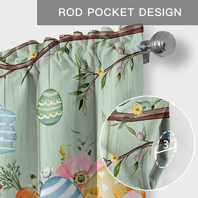 Easter Curtain Valances for Windows, Kitchen Valance Window Treatment, Spring Watercolor Bunny Eggs Wooden Grain Green Light Filtering Block Curtains for Bathroom/Bedroom/Living Room 54'' x 18''