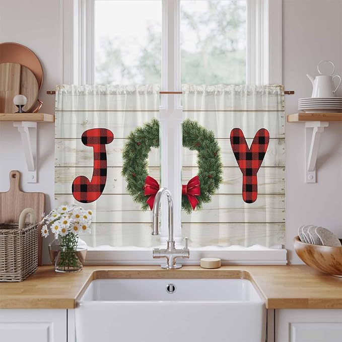 Christmas Wreaths Kitchen Curtains 45 Inch Long 2 Panel Set,Rod Pocket Window Treatment,Winter Bow Plaid Farmhouse Wooden Grain Light Filtering Short Curtains & Drapes for Bathroom Laundry 52"W x 45"L