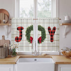 Christmas Wreaths Kitchen Curtains 45 Inch Long 2 Panel Set,Rod Pocket Window Treatment,Winter Bow Plaid Farmhouse Wooden Grain Light Filtering Short Curtains & Drapes for Bathroom Laundry 52"W x 45"L