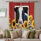 Cow Sunflowers Living Room Curtains 84 Inch Length, Window Curtains Tab Top, Botanical Floral Leaves Bees Farm Barn Light Filtering Window Treatments Drapes 52"x84" 2 Panel