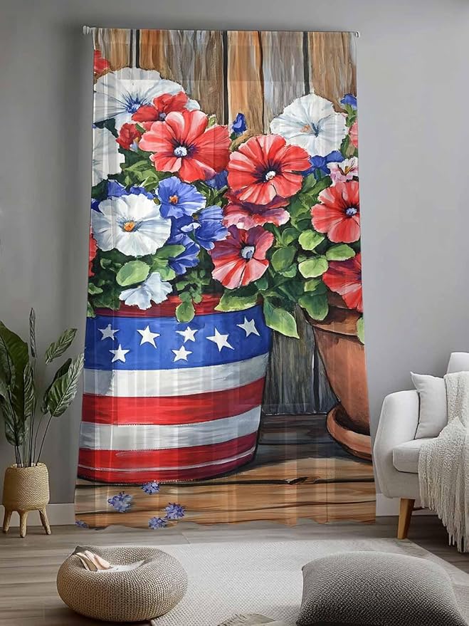 Sheer Curtains 108 Inches Long, Red Blue Flower Semi Sheer Curtains Light Filtering Window Treatment, Retro Independence Day Flag Wood Grain Privacy Voile Drapes for Living Room Bedroom 52x108 Inch