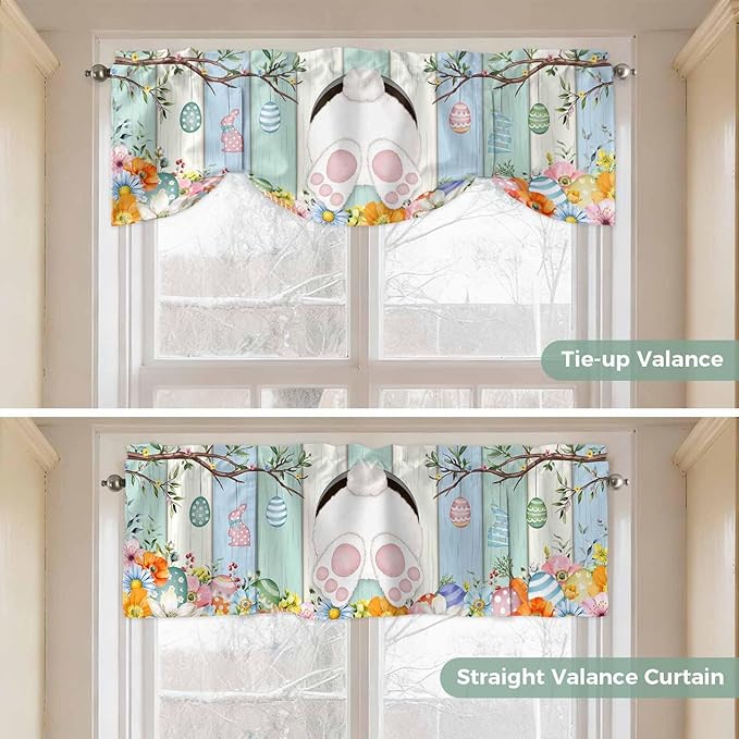 Easter Tie Up Valance Curtains for Windows, Kitchen Curtains Window Shades, Spring Watercolor Bunny Eggs Wood Grain Teal Blue Light Filtering Roman Curtain Valances for Bedroom/Bathroom/Cafe 60"x18"