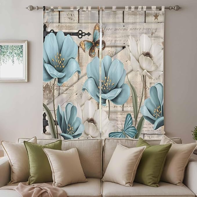 Teal Blue Tulips Living Room Curtains 84 Inch Length, Window Curtains Tab Top, Spring Floral Barn Doors Vintage Wood Beige Light Filtering Window Treatments Drapes 52"x84" 2 Panel